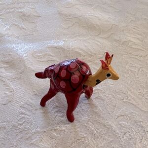 (1) Handmade Mexican Wooden Bobblehead Red giraffe with pink dots